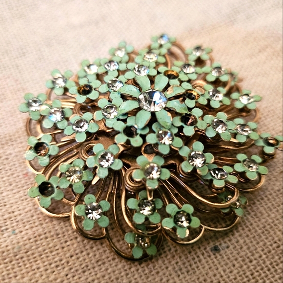 Vintage Embellished Gold & Turquoise Motion Flower Brooch | Size OS - Picture 8 of 9